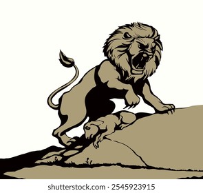 Closeup view old big power fur paw scare anger fear cat stand leg roar growl jaw grin eye white Africa sky text space. Black line hand drawn scary muzzle ill ewe pet baby lay fight sketch art zoo icon