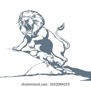 Closeup view velho grande poder pata de pele assustar raiva medo gato ficar perna rugido rugido mandíbula grin olho branco África céu texto espaço. Linha preta mão desenhada assustador focinho doente ovelha bebê deitado luta esboço arte zoológico ícone