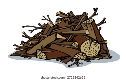 Closeup view old line raw brown crack sawn fuelwood billet lie burn heat white ground. Black ink hand drawn many rustic yard dry oak plant plank stem bole saw junk debris dump sketch art retro vintage