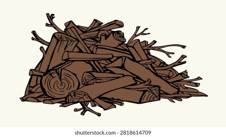 Closeup view old line raw brown crack sawn fuelwood billet lie burn heat white ground. Black ink hand drawn many rustic yard dry oak plant plank stem bole saw junk debris dump sketch art retro vintage