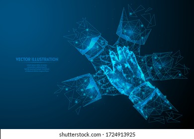 Close-up View On Young Business People Putting Hands Together. The Concept Of Teamwork, Unity, Support. Innovative Medicine And Technology. 3d Low Poly Wireframe Model Isolated Vector Illustration.