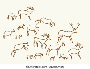 Closeup view outline age African tribe run goat figure life nature set white backdrop. Line dark black ink paint hand drawn grunge flat bison bull shape logo design. Retro past era mural print style