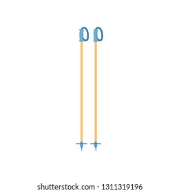 Close-up view of a pair of yellow and blue comfortable ski-sticks for skier with any level of training on a white background