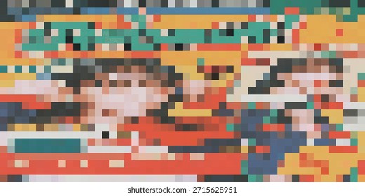 Vista de cerca de una obra de arte abstracta pixelada que presenta un mosaico de cuadrados y rectángulos coloridos, con débiles rostros humanos discernibles dentro del patrón.