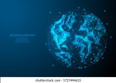 Close-up view of planet earth, globe in space, continents relief. Concept of ecology, global internet, communication, business. Innovative technology. 3d low poly wireframe model isolated vector illus