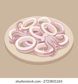 Vista de cerca de un plato lleno de anillos de calamares sin cocinar y algunos tentáculos, presentados sobre un fondo liso.