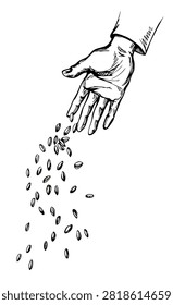 Closeup view poor rough old female palm arm hold drop pour develop earth dirt healthy rye grass yield whole oat corn eat crop white sky text space. Outline black ink drawn biblic land concept retro line cartoon god Jesus Christ story art sketch style