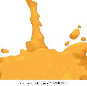 Close-up view of pouring blond beer, bubbles and some drops, in cartoon style over white background.