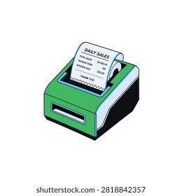 Close-up view of printed sales metrics tear-off teeth and paper roll slot of desktop receipt dispenser.