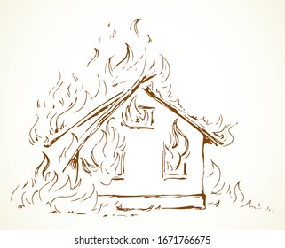 Closeup view red cottage estate exterior tragedy ruin. Light white paper text space. Outline black hand drawn hut property object safe life logo pictogram emblem concept design. Retro art doodle style