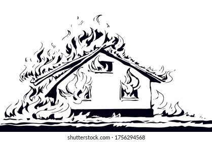 Closeup view red cottage estate exterior tragedy ruin. Light white paper text space. Outline black hand drawn hut property object safe life logo pictogram emblem concept design. Retro art doodle style