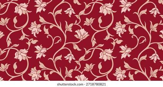Vista de cerca de un patrón floral rojo con flores blancas y vides sobre un fondo rojo