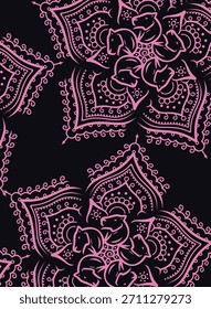Um close-up de um padrão repetitivo mandala rosa com elementos florais detalhados contra um fundo azul-marinho profundo.