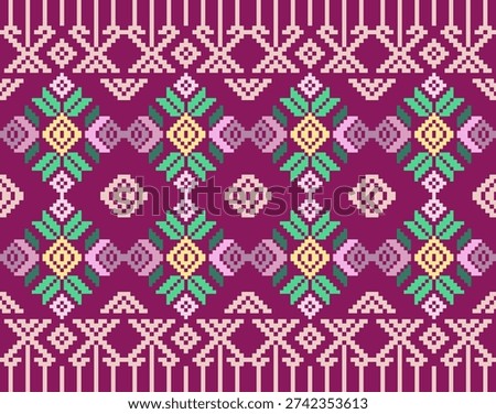 A close-up view reveals a vibrant textile adorned with detailed geometric patterns. The artwork showcasing a symphony of colors and shapes.