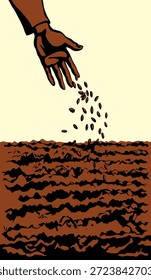 Closeup view rough old female sower palm arm hold drop pour develop earth dirt healthy rye grass yield whole oat corn eat crop white sky text space. Outline black ink drawn biblic land concept retro line cartoon god Jesus Christ story art sketch style