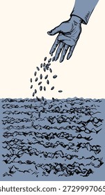 Closeup view rough old female sower palm arm hold drop pour develop earth dirt healthy rye grass yield whole oat corn eat crop white sky text space. Outline black ink drawn biblic land concept retro line cartoon god Jesus Christ story art sketch style