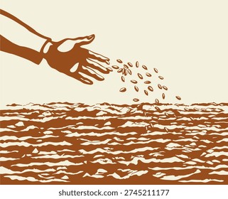 Closeup view rough old female sower palm arm hold drop pour develop earth dirt healthy rye grass yield whole oat corn eat crop white sky text space. Outline black ink drawn biblic land concept retro line cartoon god Jesus Christ story art sketch style