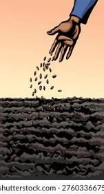 Closeup view rough old female sower palm arm hold drop pour develop earth dirt healthy rye grass yield whole oat corn eat crop white sky text space. Outline black ink drawn biblic land concept retro line cartoon god Jesus Christ story art sketch style