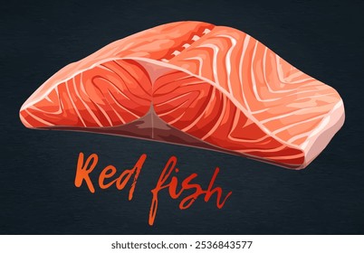 Close-up view of salmon fillet vector icon. Vibrant red hue of the fish, visually appealing culinary image for seafood-themed designs, menus, and marketing materials, cartoon graphic aquatic delicacy.