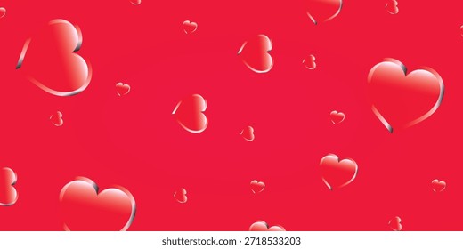 Vista de cerca de varias Formas de corazón rojo adornadas con gotas de agua brillantes, sobre un sólido fondo rojo.