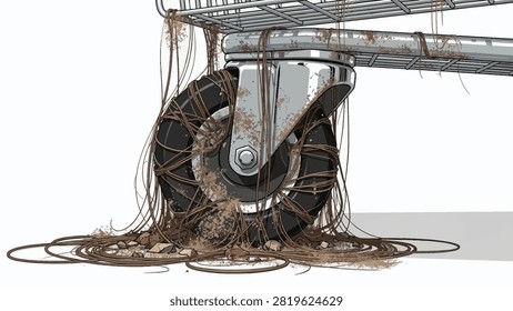 A close-up view of a shopping cart wheel wrapped in tangled brown string and scattered debris. The metal frame and caster are coated with dirt, set against a transparent background.