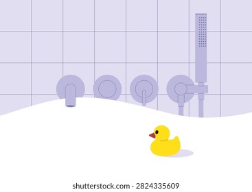 Close-up view showcases sleek, contemporary bathroom fixtures against a serene tiled backdrop, A cheerful rubber duck adds a touch of whimsy to the relaxing scene.