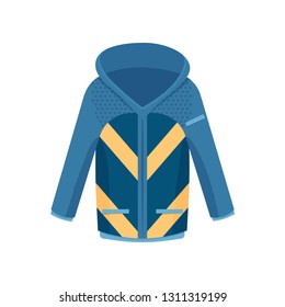 Close-up view of a single warm blue ski jacket with yellow accents