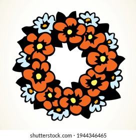 Closeup view small abstract rustic slav folk rose herb bunch element set white paper card text space backdrop. Outline black ink hand drawn gift logo emblem design retro cartoon art doodle print style