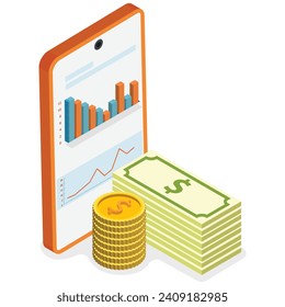 A close-up view of a smartphone displaying a rising financial graph positioned next to a stack of coins and bills, symbolizing successful investment and wealth growth. Ideal for illustrating financial