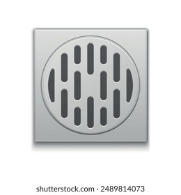 A close-up view of a square metal drainage grate with a circular pattern of cut-out slots.