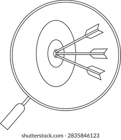 A close-up view of a target with three arrows precisely hitting the bullseye, viewed through a magnifying glass.