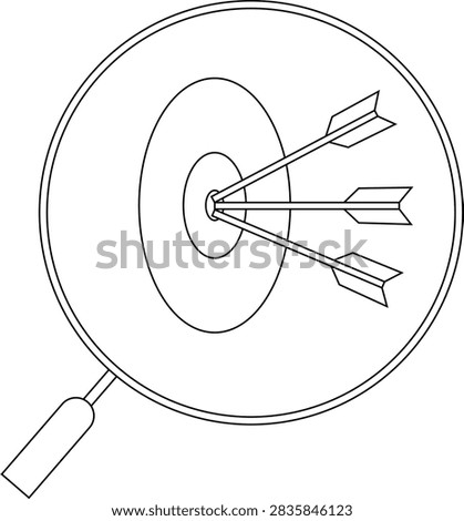 A close-up view of a target with three arrows precisely hitting the bullseye, viewed through a magnifying glass.