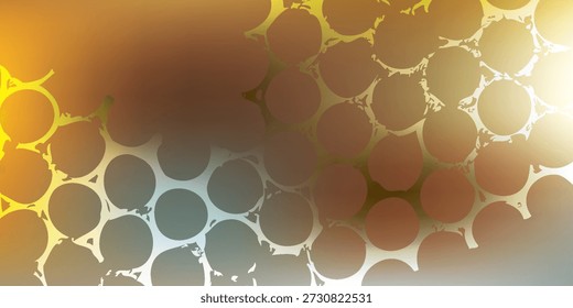 Uma vista de perto de um padrão tesselado formado por elementos circulares, exibindo uma mistura de tons quentes de amarelo e laranja com tons mais frios de azul e cinza.