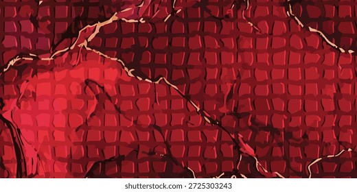 A close-up view of a textured red surface with abstract, organic-like shapes and lines.
