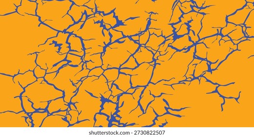 Vista de cerca de una superficie texturizada con intrincadas grietas azules sobre un fondo naranja vibrante.