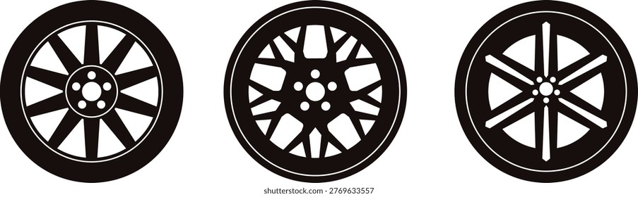 Close-up view of three bicycle wheels with distinct spoked designs