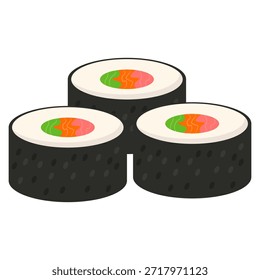 A close-up view of three perfectly formed sushi rolls, showcasing their distinct layers of rice, nori, and colorful fillings.