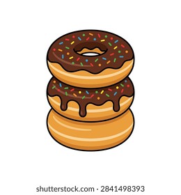 A close-up view of three stacked donuts with chocolate frosting and colorful sprinkles, a sweet treat.