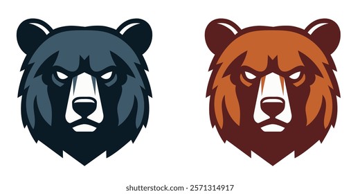 Close-up view of two stylized bear head logos, one in dark blue and the other in rusty orange, set against a plain white background.