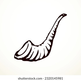 Closeup view white tribal age cow bowl bull ram blow cup Big black line hand drawn folk beer wine logo emblem sign sketch retro art sukkot tovah melody holy new year shanah tova greet pray sound style