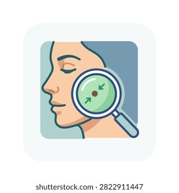 Close-up view of a woman's face with a magnifying glass focused on a skin pore showing expansion arrows