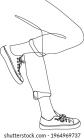 Close-up view of womans legs wearing jeans and Converse sneakers. Single line drawing. Minimalist art.