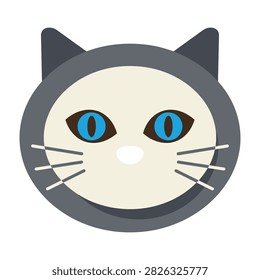 Close-up view of a yellow cat face featuring bright blue eyes, grey ears, and white whiskers on a white background.