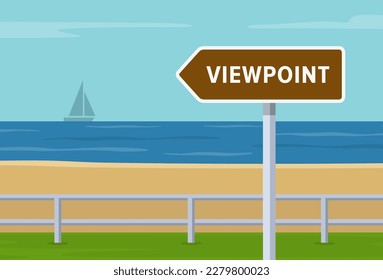 Close-up of viewpoint direction pointer sign on coast road. Summer season car driving. Flat vector illustration template.