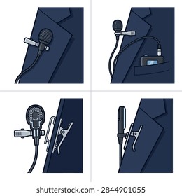 Close-up views of different methods for clipping a lavalier microphone onto a dark suit jacket.