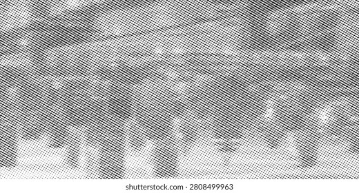 Close-up vintage halftone paper texture showing distressed ink dots and grainy newspaper print. Monochrome grunge background ideal for retro design, overlays, posters, and textured artistic compositions.

