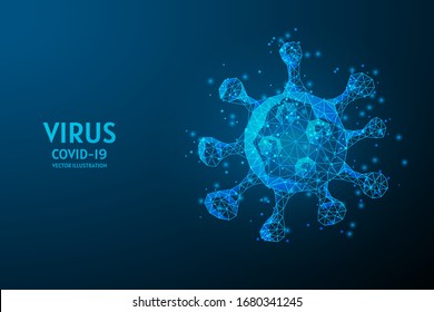 Close-up viral infection under the microscope. Virus research concept, innovative medical technology, COVID-19 coronavirus. 3d low poly wireframe isolated vector illustration.