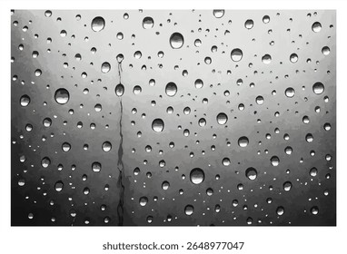 Close-up of water droplets on glass in black and white. Abstract texture background with raindrops and streaks for design or mood visuals.
