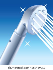 Closeup Of Water Flowing Out Of Shower Head, Vector Illustration. Shower Head Adapter. Shower Head Cleaning. Hand Held Shower Head. Shower Head Leaking. Shower Head Led. Purity, Hygiene, Freshness.