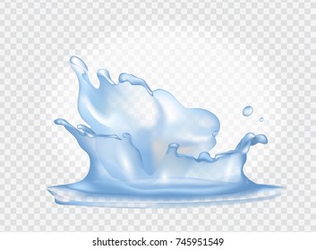 Closeup of water splash with drops, fresh and pure, clrear aqua represented on vector illustration isolated on transparent background